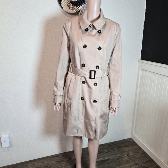 Calvin Klein Beige Belted Double Breasted Trench Coat Rain Jacket Medium Petite - Picture 2 of 16